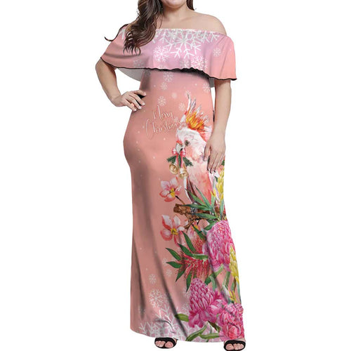 Australia Christmas Pink Cockatoo with Banksia Off Shoulder Maxi Dress Coral Pink - Aussie Hoodie