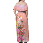 Australia Christmas Pink Cockatoo with Banksia Off Shoulder Maxi Dress Coral Pink - Aussie Hoodie