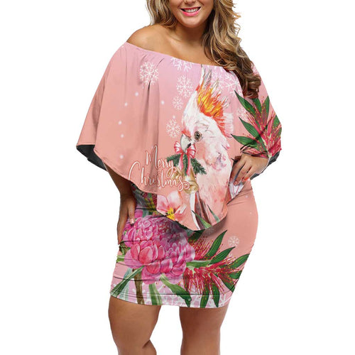 Australia Christmas Pink Cockatoo with Banksia Off Shoulder Short Dress Coral Pink - Aussie Hoodie