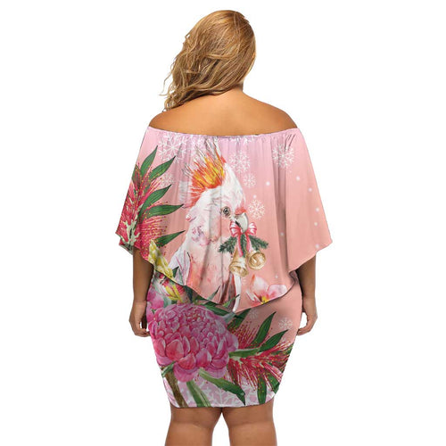 Australia Christmas Pink Cockatoo with Banksia Off Shoulder Short Dress Coral Pink - Aussie Hoodie