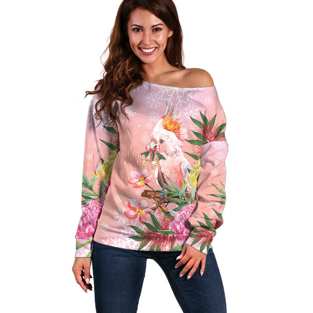 Australia Christmas Pink Cockatoo with Banksia Off Shoulder Sweater Coral Pink - Aussie Hoodie