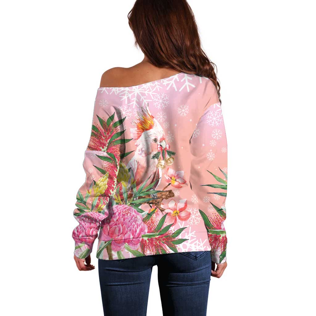Australia Christmas Pink Cockatoo with Banksia Off Shoulder Sweater Coral Pink - Aussie Hoodie