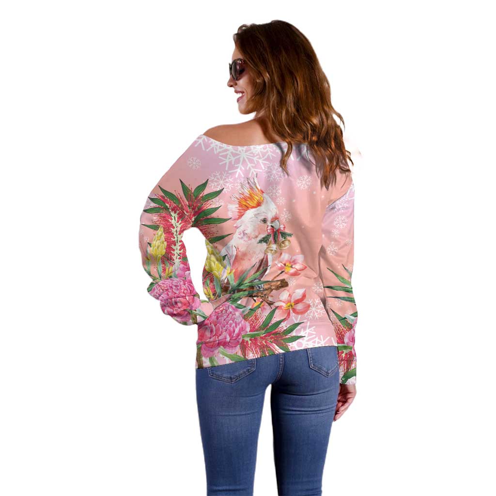 Australia Christmas Pink Cockatoo with Banksia Off Shoulder Sweater Coral Pink - Aussie Hoodie