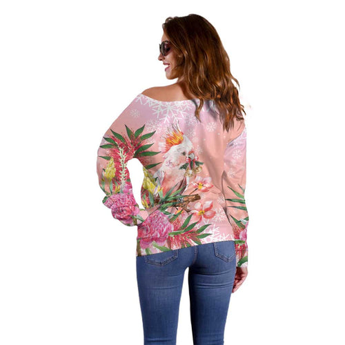 Australia Christmas Pink Cockatoo with Banksia Off Shoulder Sweater Coral Pink - Aussie Hoodie