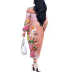 Australia Christmas Pink Cockatoo with Banksia Off The Shoulder Long Sleeve Dress Coral Pink - Aussie Hoodie
