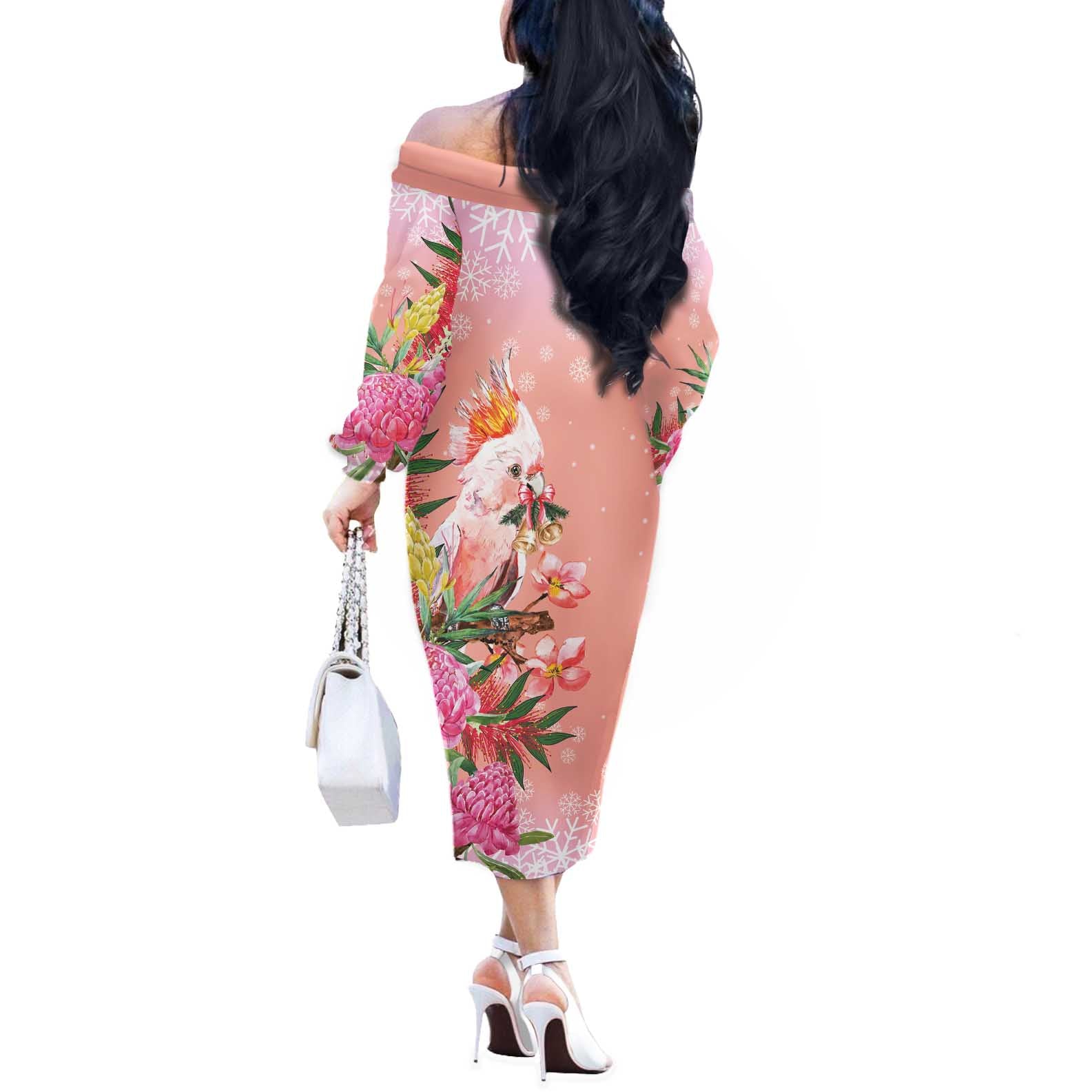 Australia Christmas Pink Cockatoo with Banksia Off The Shoulder Long Sleeve Dress Coral Pink - Aussie Hoodie