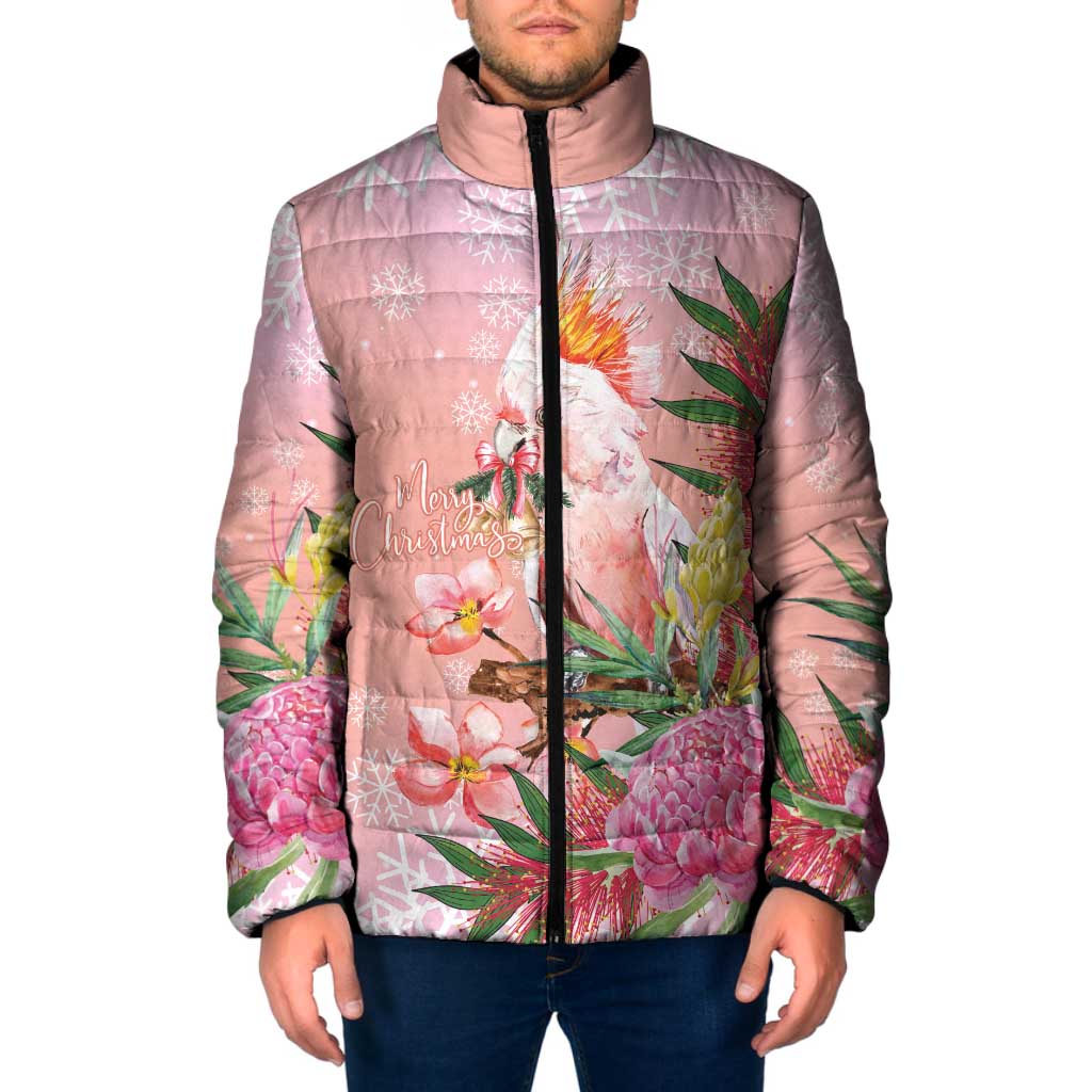 Australia Christmas Pink Cockatoo with Banksia Padded Jacket Coral Pink - Aussie Hoodie