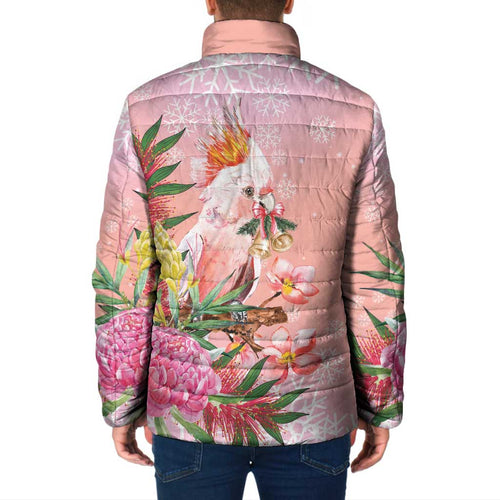 Australia Christmas Pink Cockatoo with Banksia Padded Jacket Coral Pink - Aussie Hoodie