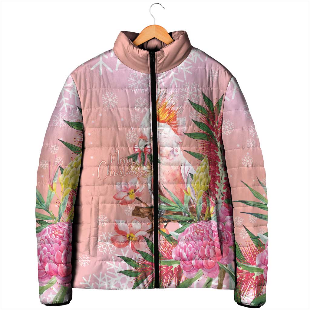 Australia Christmas Pink Cockatoo with Banksia Padded Jacket Coral Pink - Aussie Hoodie