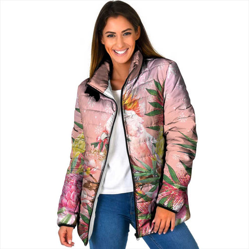 Australia Christmas Pink Cockatoo with Banksia Padded Jacket Coral Pink - Aussie Hoodie