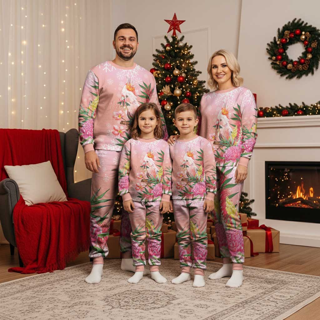 Australia Christmas Pink Cockatoo with Banksia Christmas Pajama Set Coral Pink - Aussie Hoodie