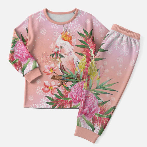 Australia Christmas Pink Cockatoo with Banksia Christmas Pajama Set Coral Pink - Aussie Hoodie