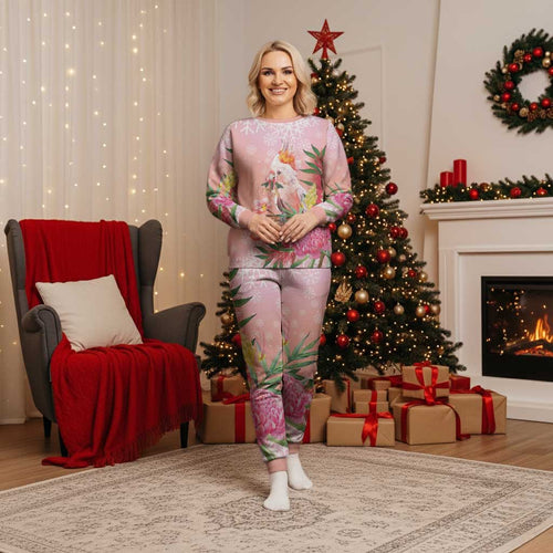 Australia Christmas Pink Cockatoo with Banksia Christmas Pajama Set Coral Pink - Aussie Hoodie