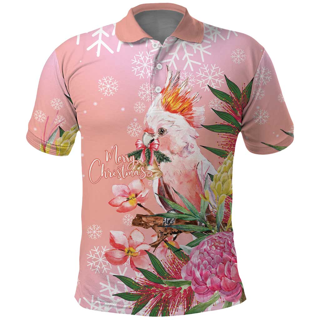 Australia Christmas Pink Cockatoo with Banksia Polo Shirt Coral Pink - Aussie Hoodie