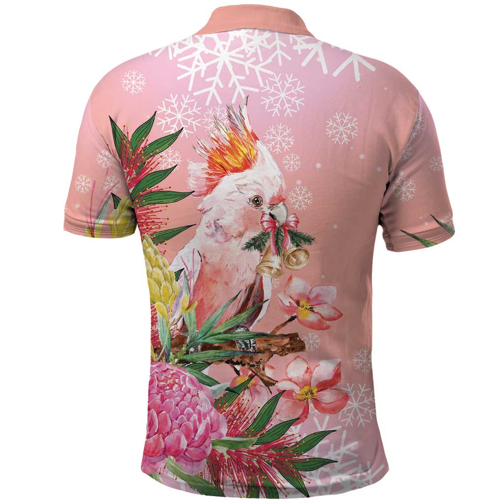 Australia Christmas Pink Cockatoo with Banksia Polo Shirt Coral Pink - Aussie Hoodie