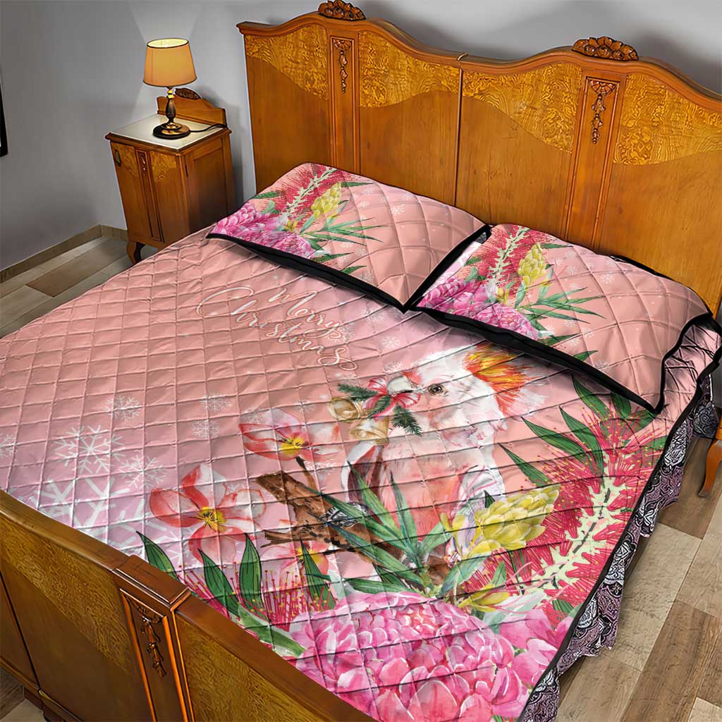 Australia Christmas Pink Cockatoo with Banksia Quilt Bed Set Coral Pink - Aussie Hoodie
