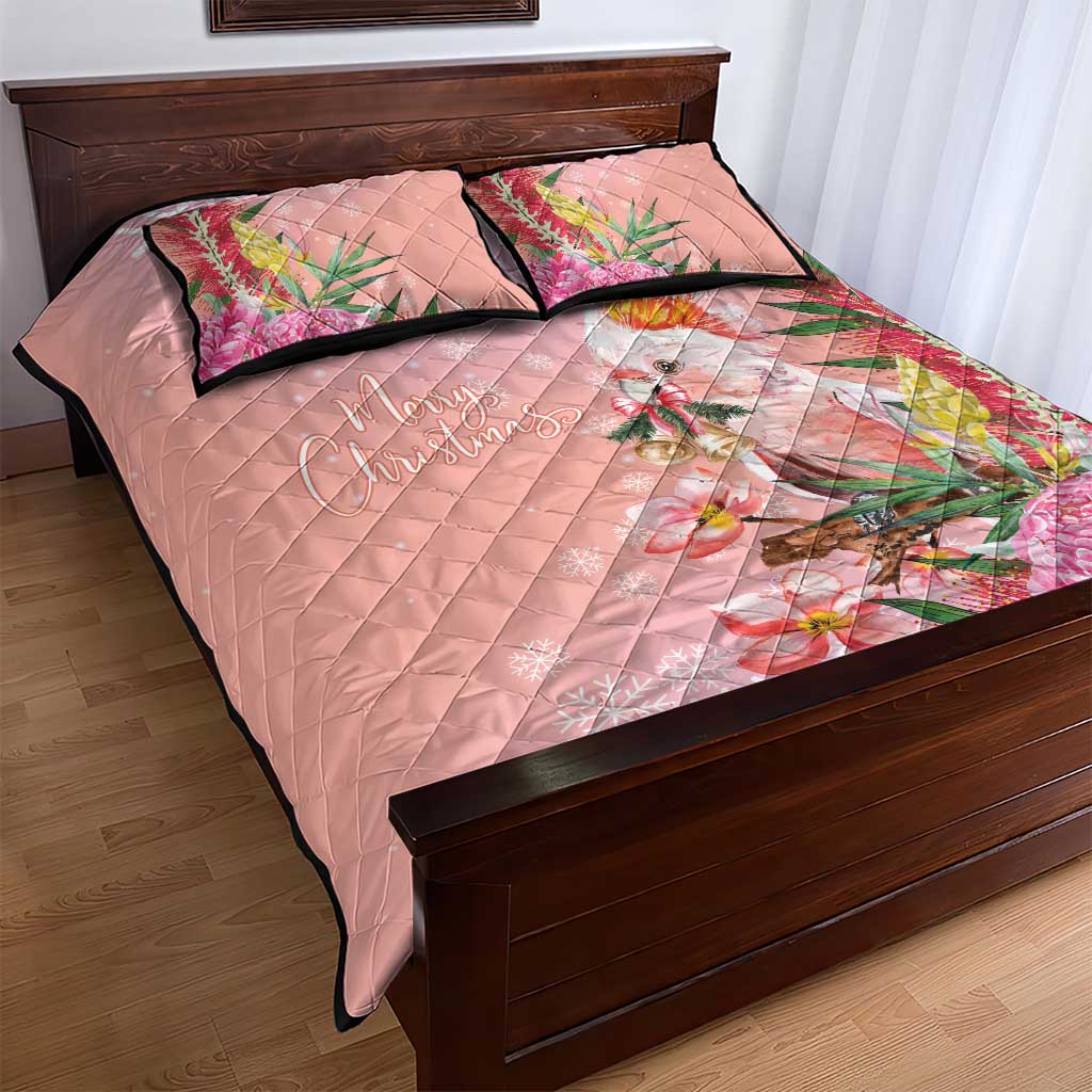 Australia Christmas Pink Cockatoo with Banksia Quilt Bed Set Coral Pink - Aussie Hoodie