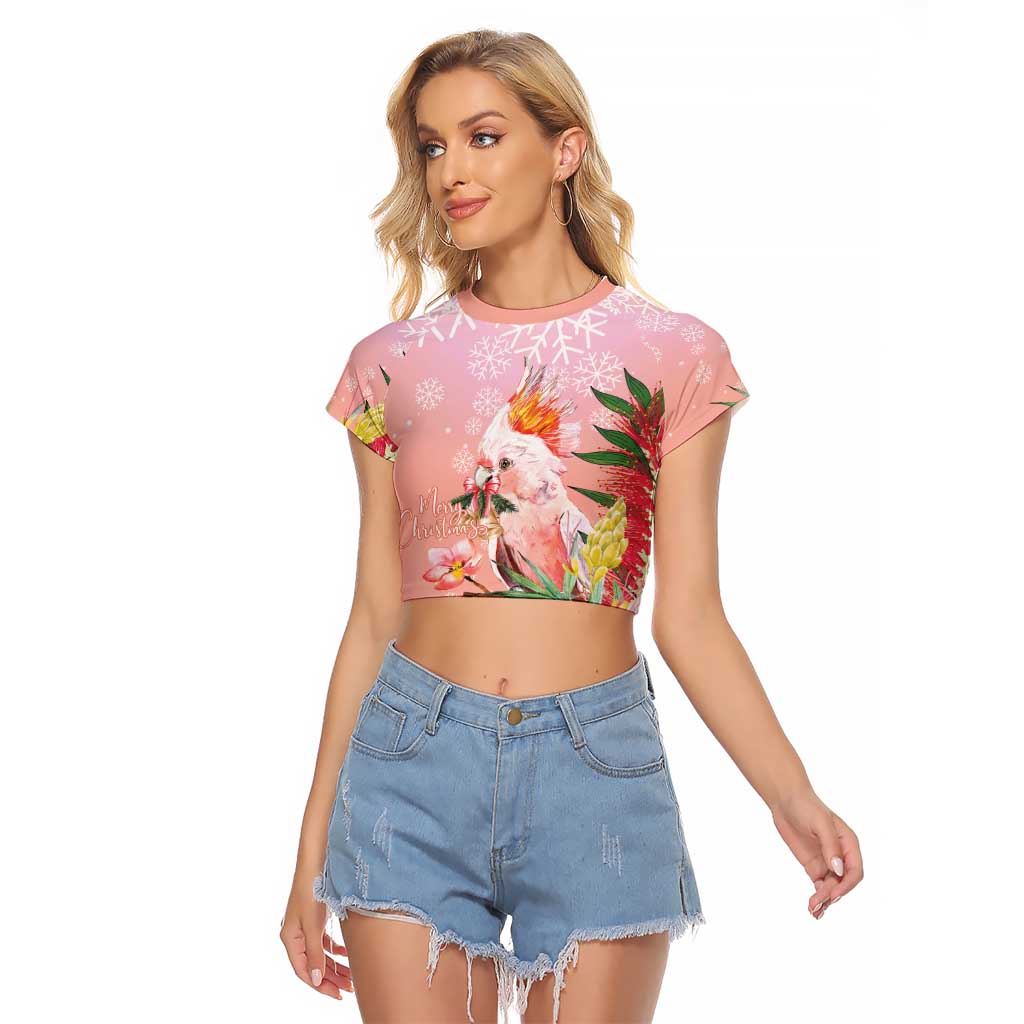 Australia Christmas Pink Cockatoo with Banksia Raglan Cropped T Shirt Coral Pink - Aussie Hoodie