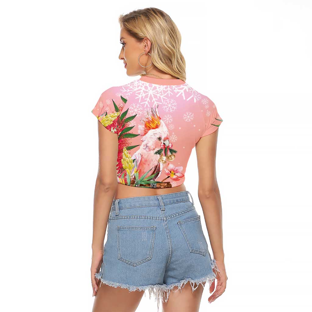 Australia Christmas Pink Cockatoo with Banksia Raglan Cropped T Shirt Coral Pink - Aussie Hoodie