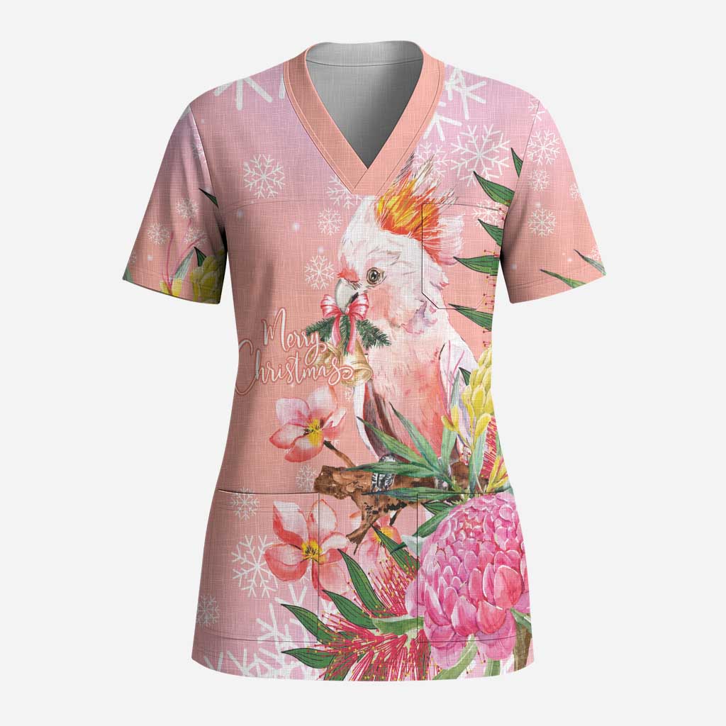 Australia Christmas Pink Cockatoo with Banksia Scrub Top Coral Pink - Aussie Hoodie