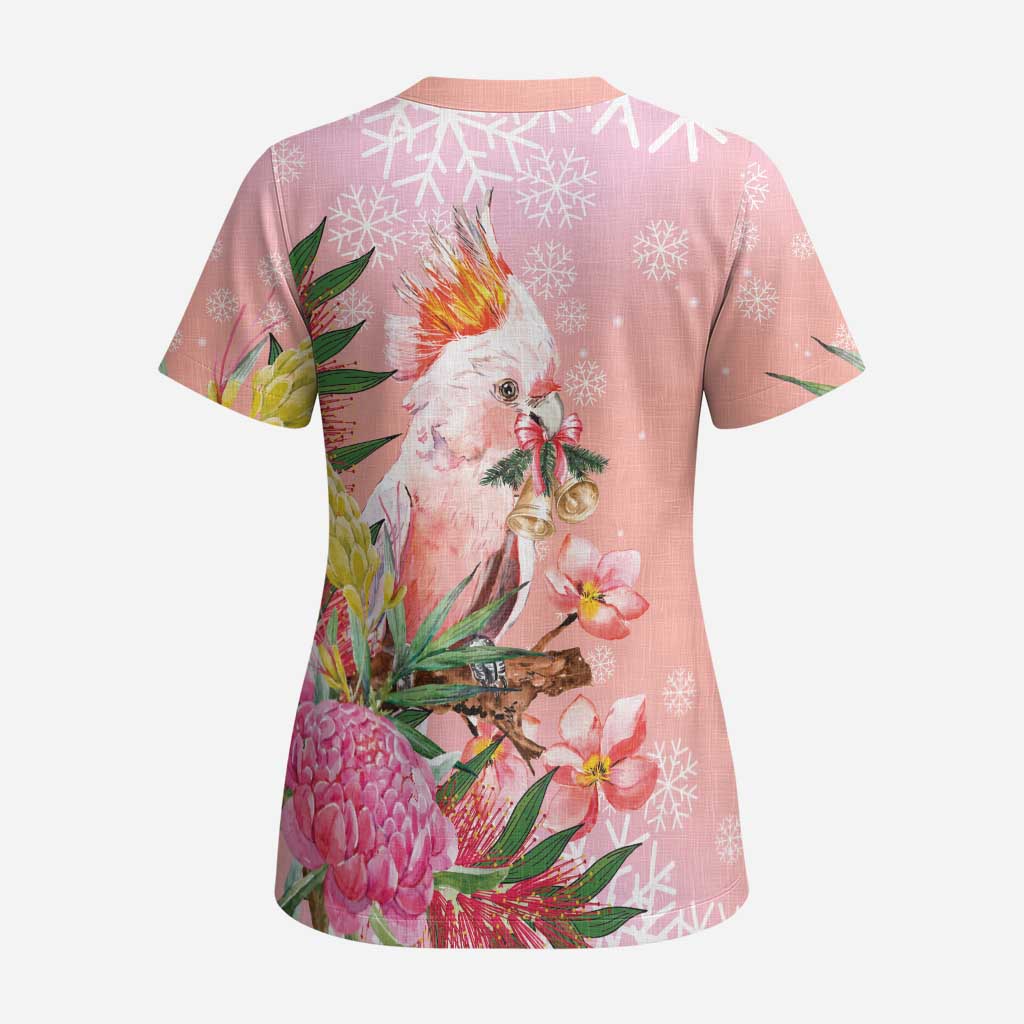 Australia Christmas Pink Cockatoo with Banksia Scrub Top Coral Pink - Aussie Hoodie