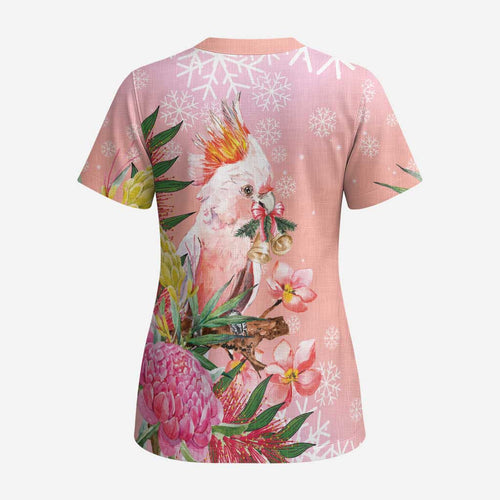 Australia Christmas Pink Cockatoo with Banksia Scrub Top Coral Pink - Aussie Hoodie