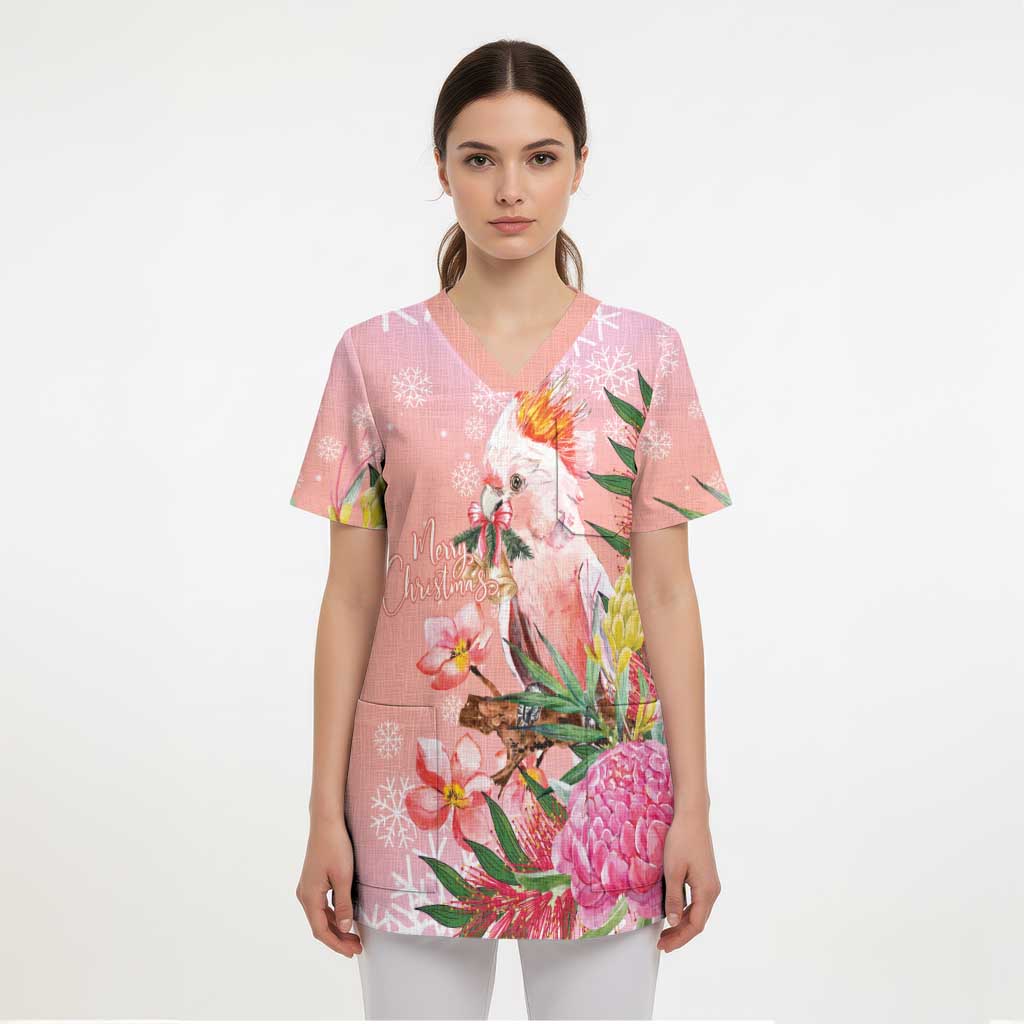 Australia Christmas Pink Cockatoo with Banksia Scrub Top Coral Pink - Aussie Hoodie
