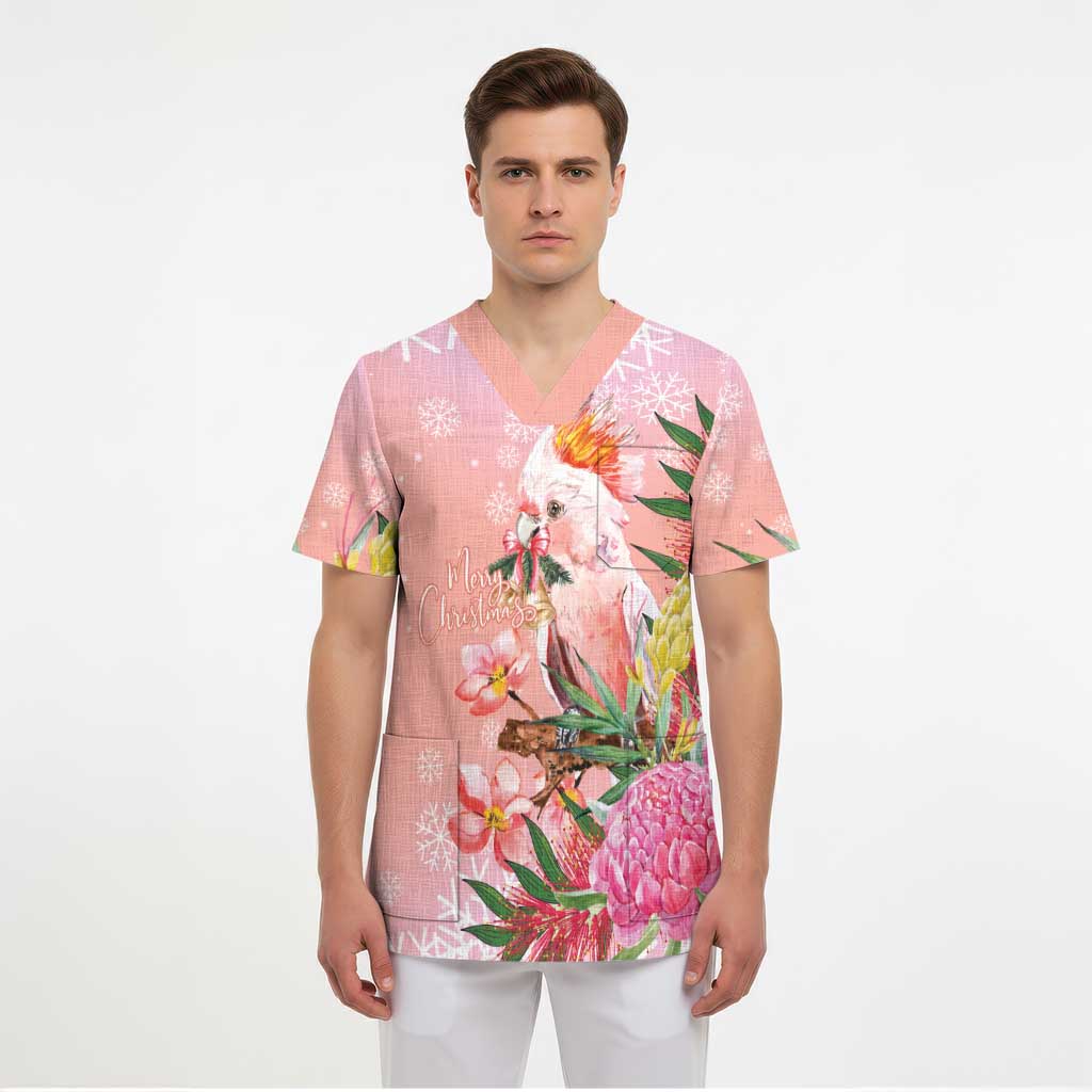 Australia Christmas Pink Cockatoo with Banksia Scrub Top Coral Pink - Aussie Hoodie