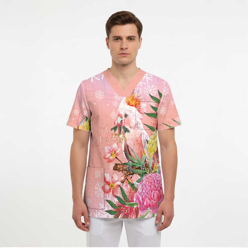 Australia Christmas Pink Cockatoo with Banksia Scrub Top Coral Pink - Aussie Hoodie