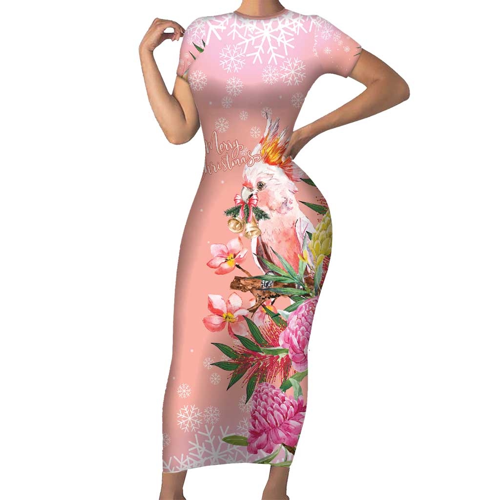 Australia Christmas Pink Cockatoo with Banksia Short Sleeve Bodycon Dress Coral Pink - Aussie Hoodie