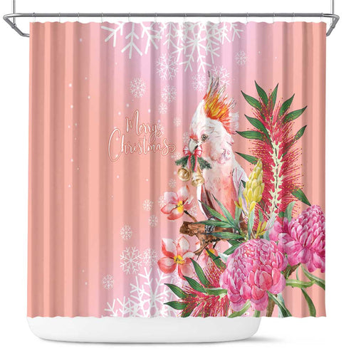 Australia Christmas Pink Cockatoo with Banksia Shower Curtain Coral Pink - Aussie Hoodie