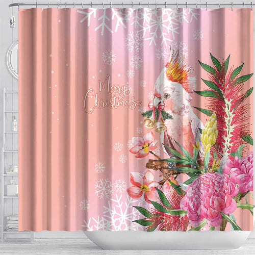 Australia Christmas Pink Cockatoo with Banksia Shower Curtain Coral Pink - Aussie Hoodie