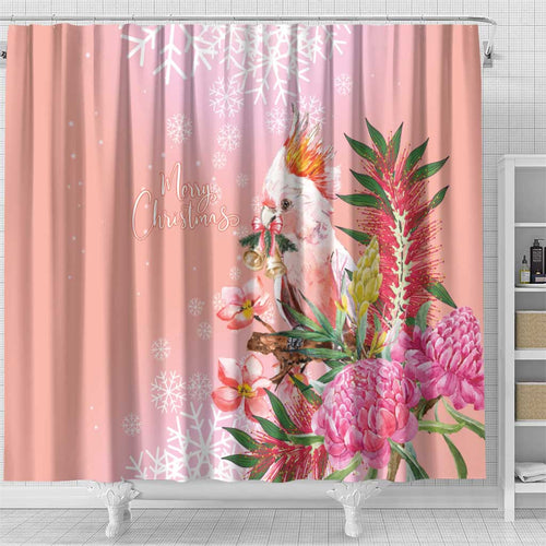 Australia Christmas Pink Cockatoo with Banksia Shower Curtain Coral Pink - Aussie Hoodie