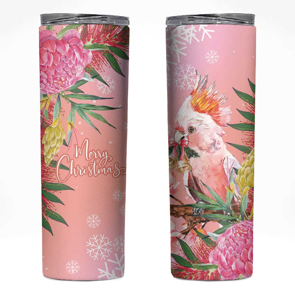 Australia Christmas Pink Cockatoo with Banksia Skinny Tumbler Coral Pink - Aussie Hoodie