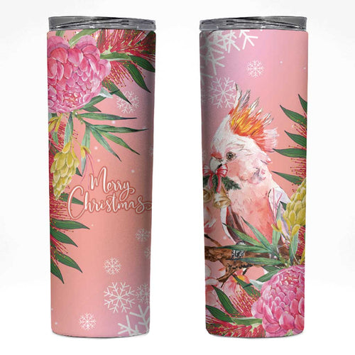 Australia Christmas Pink Cockatoo with Banksia Skinny Tumbler Coral Pink - Aussie Hoodie