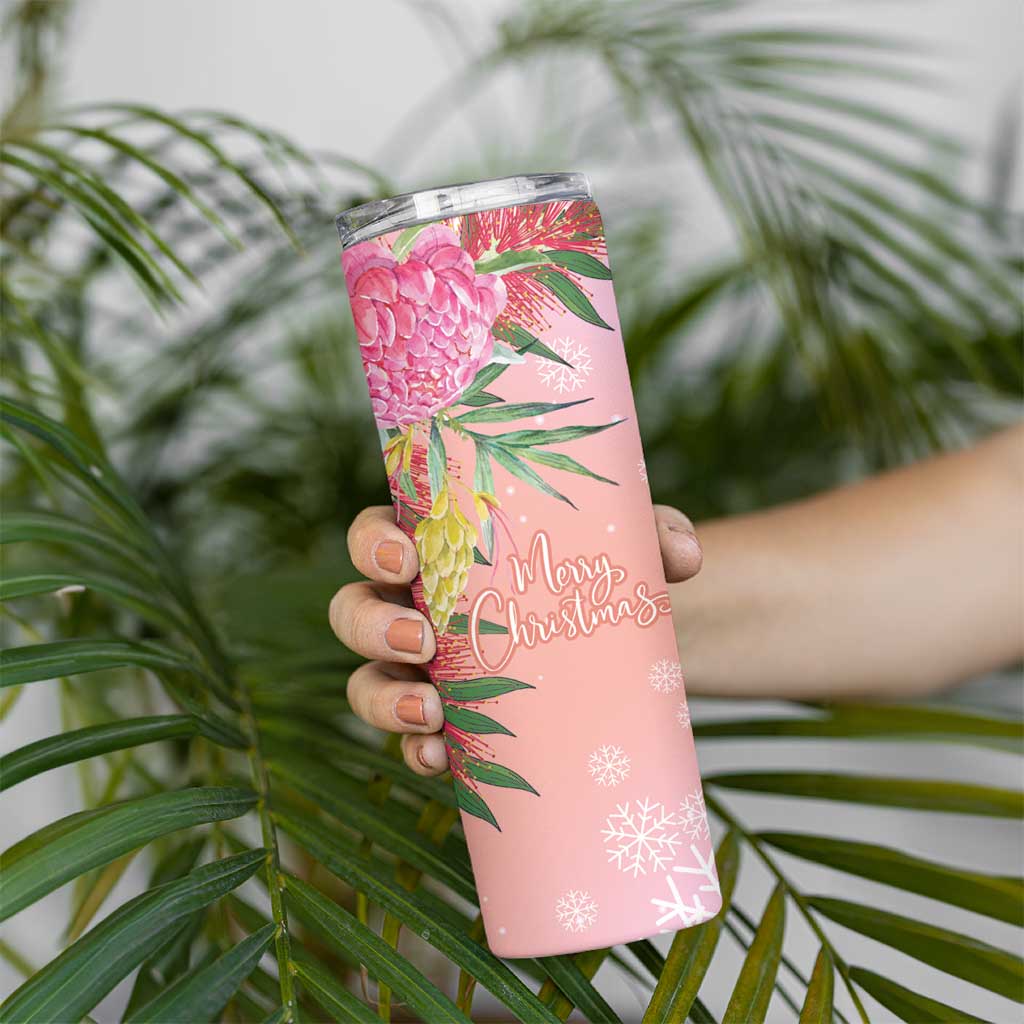 Australia Christmas Pink Cockatoo with Banksia Skinny Tumbler Coral Pink - Aussie Hoodie