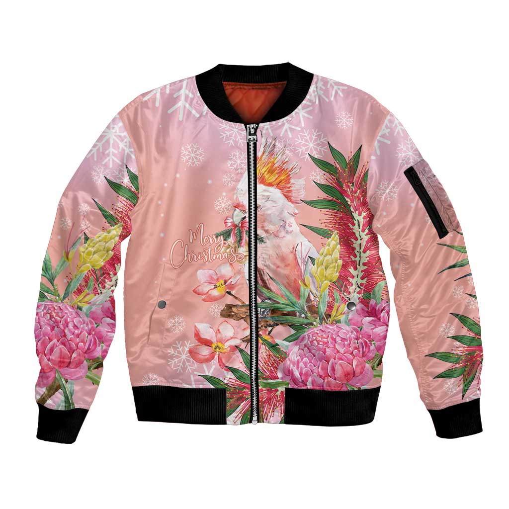Australia Christmas Pink Cockatoo with Banksia Sleeve Zip Bomber Jacket Coral Pink - Aussie Hoodie