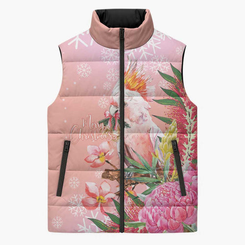 Australia Christmas Pink Cockatoo with Banksia Sleeveless Puffer Jacket Coral Pink - Aussie Hoodie