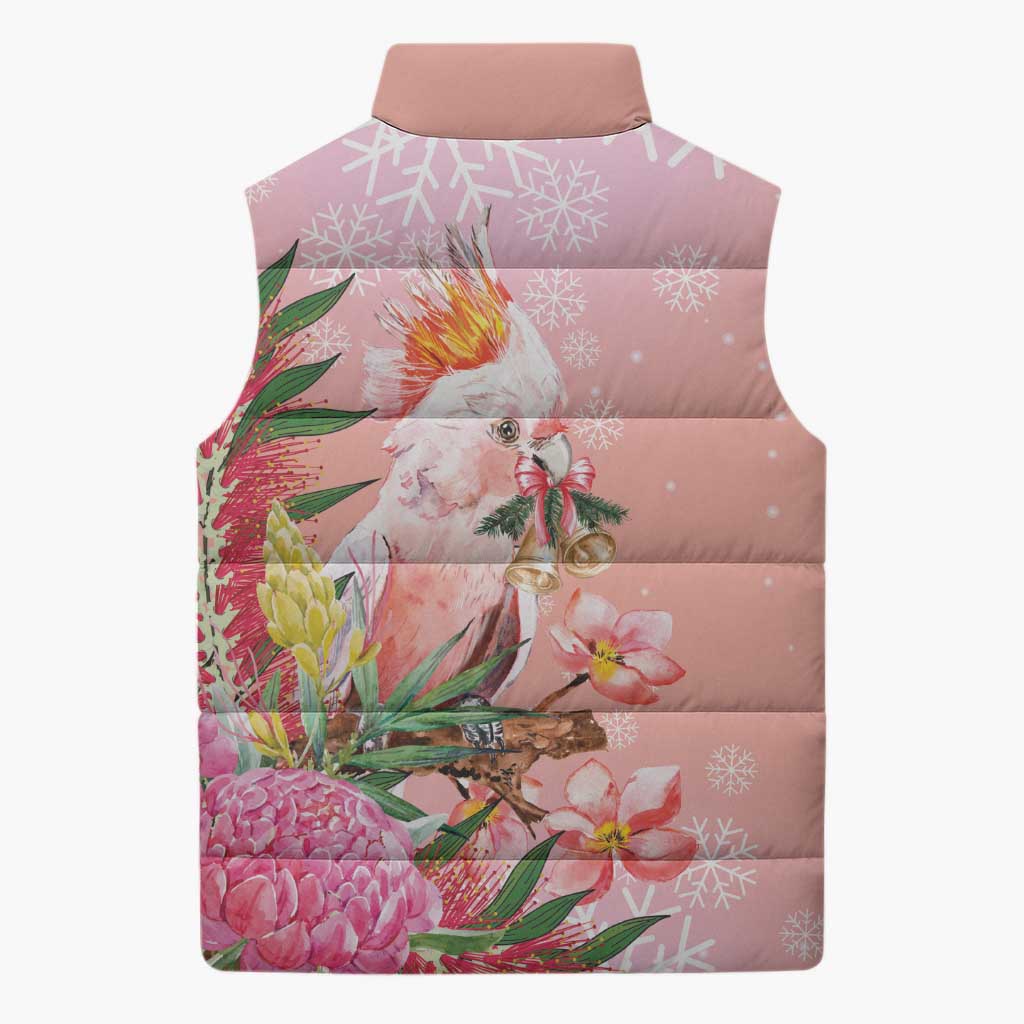 Australia Christmas Pink Cockatoo with Banksia Sleeveless Puffer Jacket Coral Pink - Aussie Hoodie