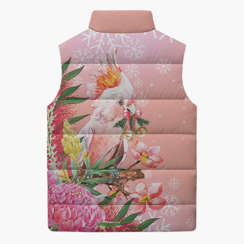 Australia Christmas Pink Cockatoo with Banksia Sleeveless Puffer Jacket Coral Pink - Aussie Hoodie