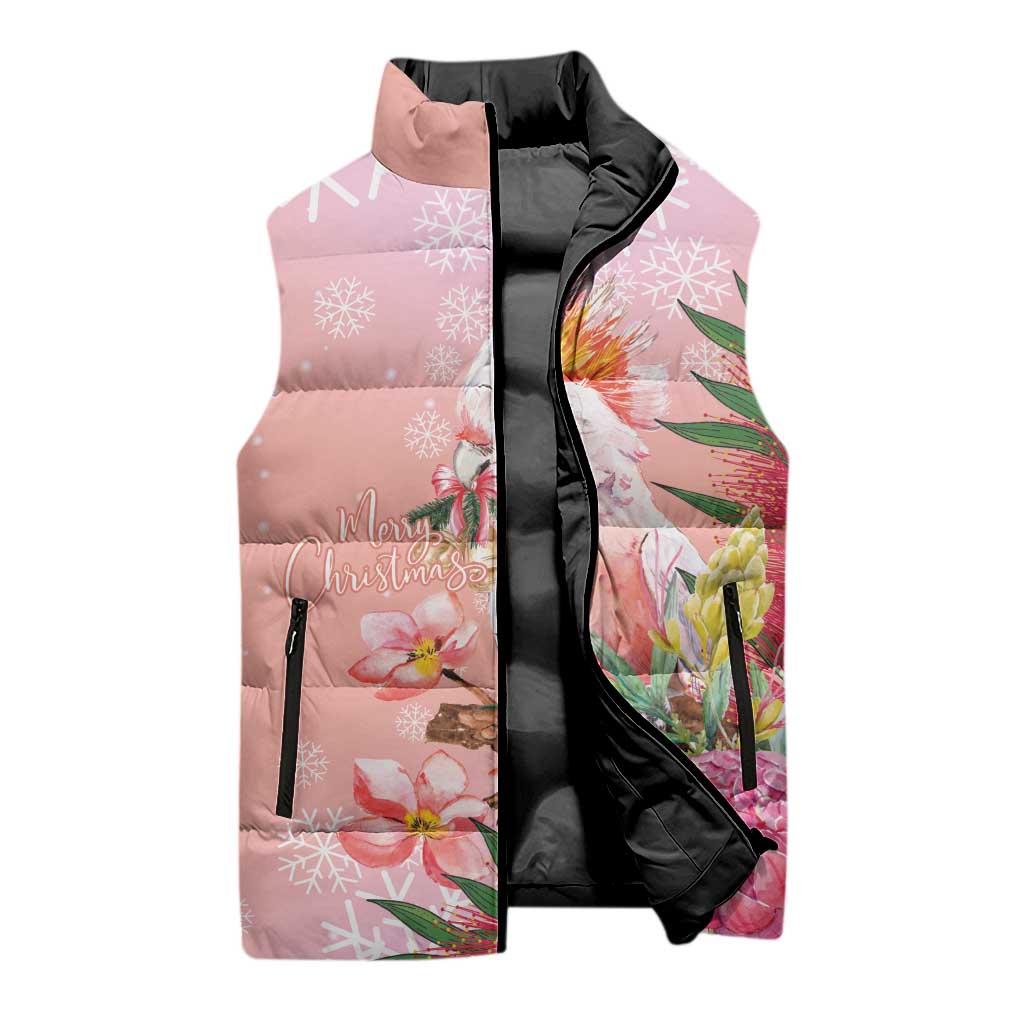 Australia Christmas Pink Cockatoo with Banksia Sleeveless Puffer Jacket Coral Pink - Aussie Hoodie