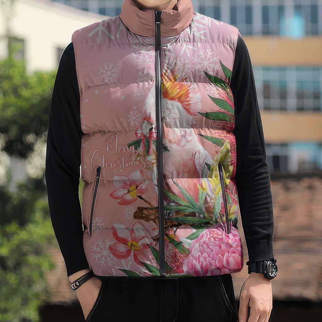 Australia Christmas Pink Cockatoo with Banksia Sleeveless Puffer Jacket Coral Pink - Aussie Hoodie