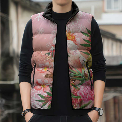 Australia Christmas Pink Cockatoo with Banksia Sleeveless Puffer Jacket Coral Pink - Aussie Hoodie
