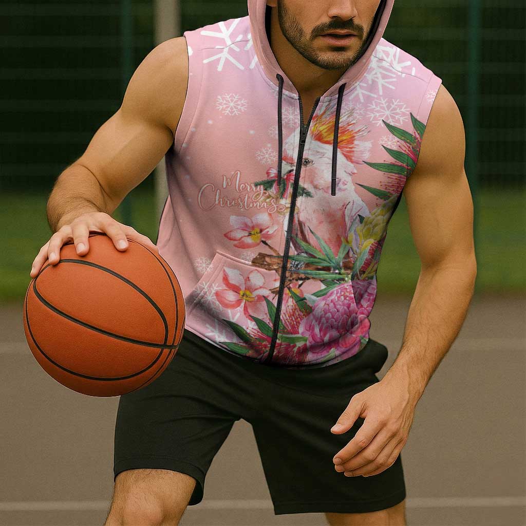 Australia Christmas Pink Cockatoo with Banksia Sleeveless Zip Hoodie Coral Pink LT7