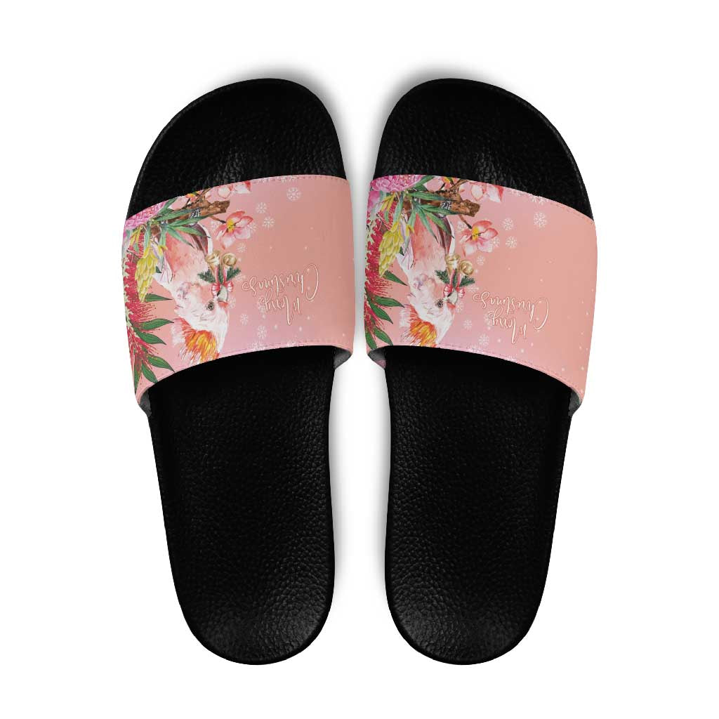 Australia Christmas Pink Cockatoo with Banksia Slide Sandals Coral Pink - Aussie Hoodie