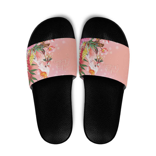 Australia Christmas Pink Cockatoo with Banksia Slide Sandals Coral Pink - Aussie Hoodie