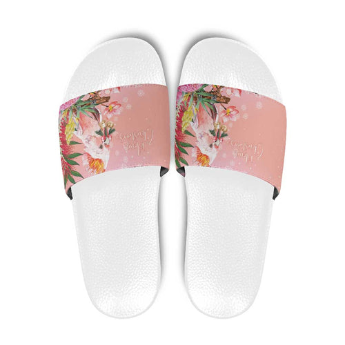 Australia Christmas Pink Cockatoo with Banksia Slide Sandals Coral Pink - Aussie Hoodie