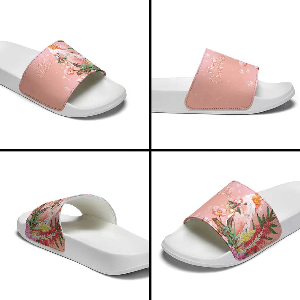 Australia Christmas Pink Cockatoo with Banksia Slide Sandals Coral Pink - Aussie Hoodie