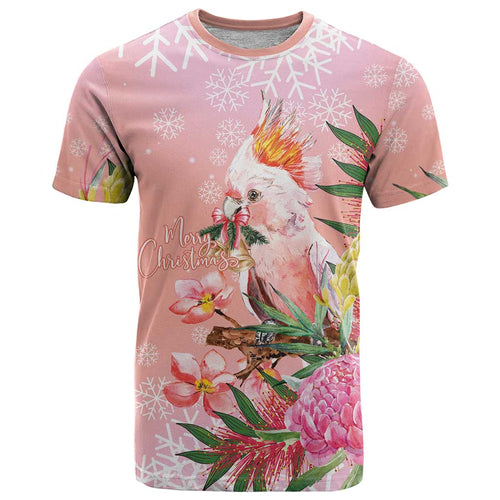 Australia Christmas Pink Cockatoo with Banksia T Shirt Coral Pink - Aussie Hoodie