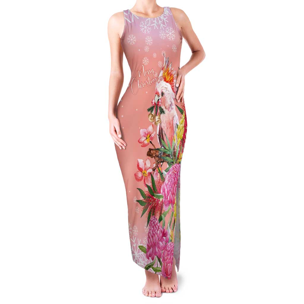 Australia Christmas Pink Cockatoo with Banksia Tank Maxi Dress Coral Pink - Aussie Hoodie
